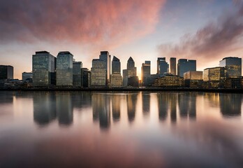 Naklejka premium Morning Glow: Canary Wharf's Skyline Embraced by Dawn