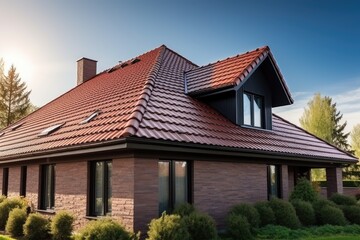 Fototapeta na wymiar Sloped red clay tile roof with round beaver tail edge