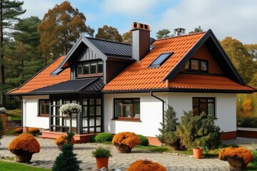 Sloped red clay tile roof with round beaver tail edge