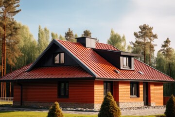 Sloped red clay tile roof with round beaver tail edge