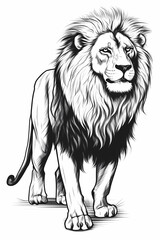 Obraz premium lion pencil drawing coloring book, black and white Vector illustration, engraving style, Generative ai 