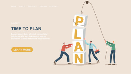 Teamwork and motivation to achieve business goals, partnership in planning successful strategy, brainstorming to build plan to solve problems. Web banner, poster with people putting word plan.