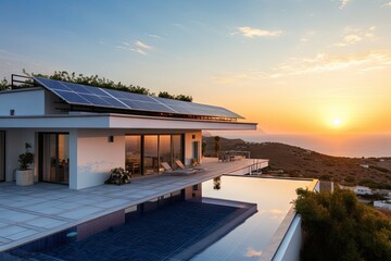 Fototapeta premium Solar panels on the roof of a modern house at dawn