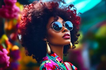 Woman with afro wearing sunglasses and colorful dress.