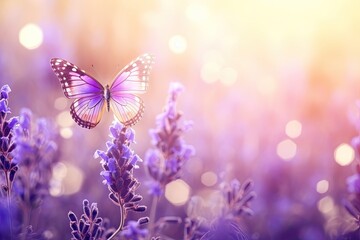 Sunny summer nature background with fly butterfly on lavender flowers