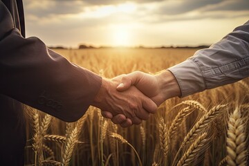 Two farmers shake hands in front of a wheat field