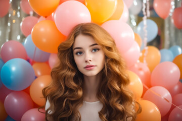 Fototapeta na wymiar Woman with long red hair standing in front of balloons.