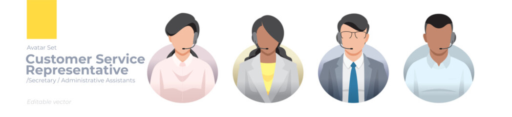 Customer Service representative worker picture avatar icons. Illustration of men and women wearing headset
