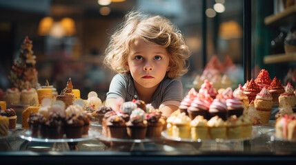A child looks at a shop window with sweets.