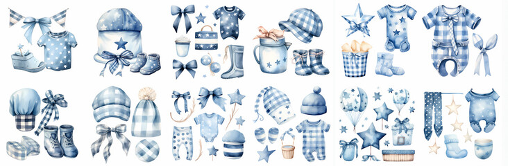 Watercolor boys blue and white clipart set isolated on a white background. 