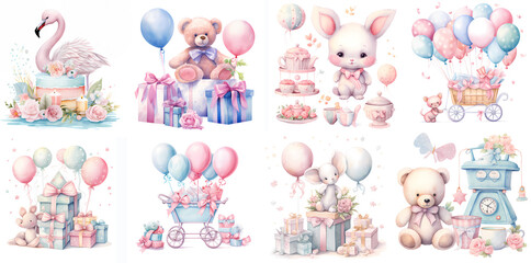 Watercolor newborn girl clipart set isolated on a white background. colorful teddy bears, balloons, rabbits, stroller, baby gifts collection