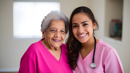 Doctora latina con paciente de edad avanzada, hospital tonos rosados - obrazy, fototapety, plakaty