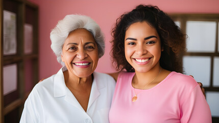 Doctora Latina con paciente de edad avanzada color rosa y sonrientes mujeres latinas - obrazy, fototapety, plakaty
