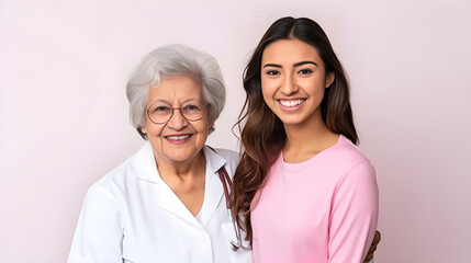 Doctora Latina con paciente de edad avanzada color rosa y sonrientes mujeres latinas - obrazy, fototapety, plakaty