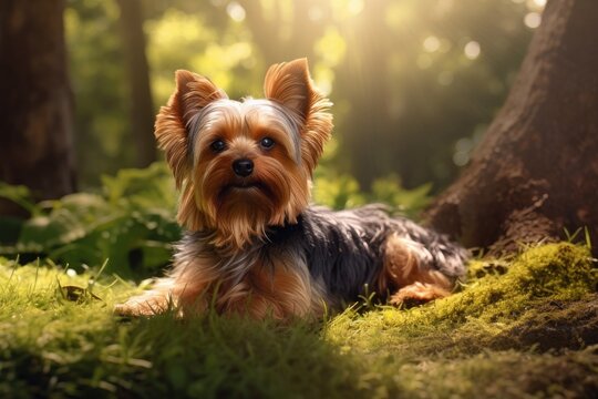 Yorkshire Terrier Dog Lies In The Beautiful Grass