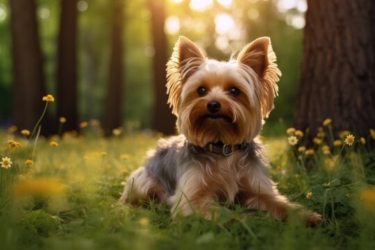 Yorkshire Terrier Dog Lies In The Beautiful Grass