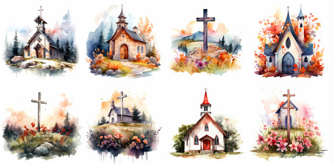 Churches and crosses rural landscape watercolor vector clipart set isolated on a white background