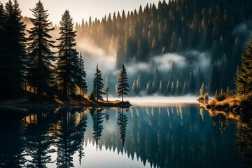 A serene lakeside scene at dawn, with mist rising over still waters and a mirrored reflection of towering evergreens.

