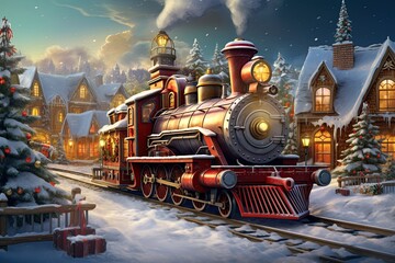 Christmas train drives through North Pole. 1800s steam locomotive in winter Landscape. Ai Generative - obrazy, fototapety, plakaty