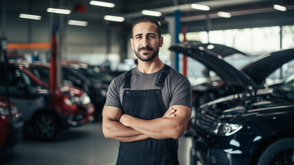 Auto car repair service center. Happy mechanic standing by the car. 
