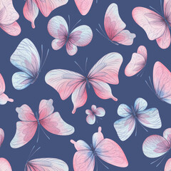 Butterflies are pink, blue, lilac, flying, delicate with wings and splashes of paint. Hand drawn watercolor illustration. Seamless pattern on a blue background, for design