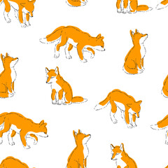 Vector seamless pattern with cute little foxes isolated on white. Hand drawn texture with animals in sketch style.