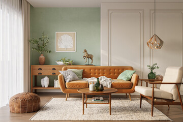 Orange sofa in cozy living room interior with pastel green wall and wood furniture. Wall mockup, 3d rendering   © Василь Чейпеш