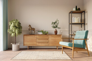 Cozy home interior in light pastel colors with blue armchair, wood sideboard and beautiful decor. Wall mockup, 3d rendering
