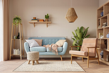 Cozy home interior in light pastel colors with blue sofa, wood furniture and beautiful decor. Wall mockup, 3d rendering
