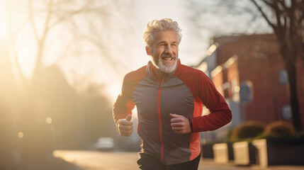 Portrait of smiling senior man running jogging for healthy fitness lifestyle on blurred background at sunset