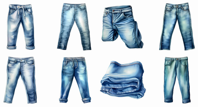 Jeans clothing. fashion denim jeans clipart set isolated on a white background. 