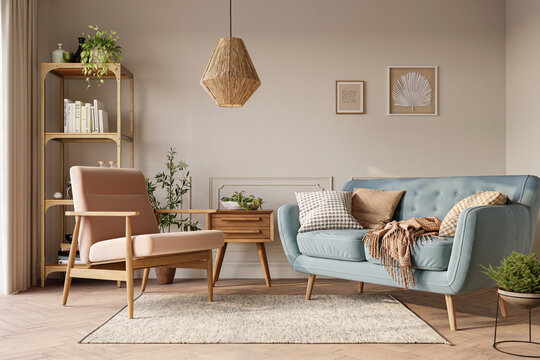 Cozy home interior in light pastel colors with blue sofa, wood furniture and beautiful decor. Wall mockup, 3d rendering