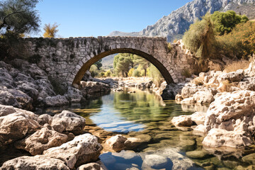 Fototapeta na wymiar Old stone bridge over a calm river stream in the park