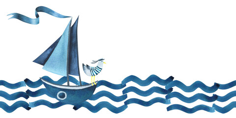 Sea boats with ribbon flag and seagull floating on a water. Watercolor illustration hand drawn in an abstract childish style. Seamless border on a white background.