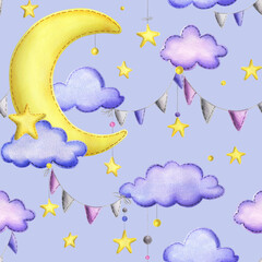 A cute stitched yellow moon with hanging stars, garland flags, dots, clouds. Watercolor illustration, hand drawn. Seamless pattern on a blue background