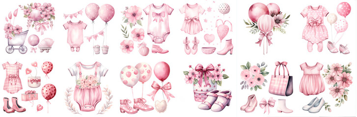 Watercolor newborn baby clipart set in pink isolated on a white background for crafts, invitations, scrapbooking, art projects