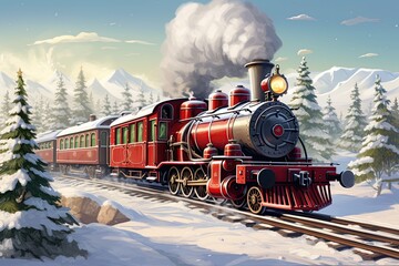 Christmas train drives through North Pole. 1800s steam locomotive in winter Landscape. Ai Generative