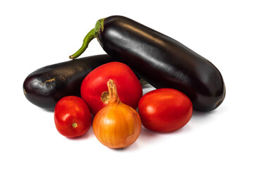 Fresh eggplants with tomatoes, onions isolated on white background