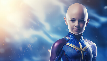 Female superhero in purple costume, world cancer day concept