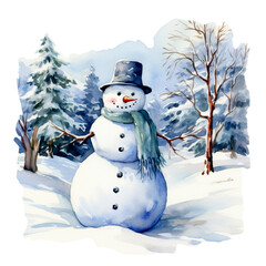 Obraz premium Schneemann Aquarell Winterlandschaft Gemütliche Szene Feiertagsdekor Wandkunst Winterfreude Geschenkidee Festliche Illustration Kinderfreundliche Kunst Schneemann Winter Landschaft Schneemann Hut