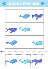 Sudoku logical reasoning activity for kids. Fun sudoku puzzle with cute whales illustration. Children educational activity worksheet.	