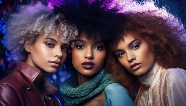 Portrait of three women in purple clothes, world cancer day concept