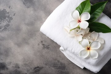 Obraz na płótnie Canvas Elegant spa setup with rolled white towels and fresh frangipani flowers on a textured gray marble background. Symbolizing relaxation, wellness. Perfect for spa and self-care themes