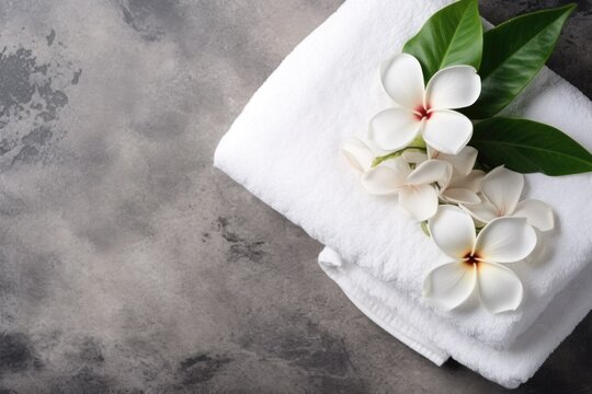 Elegant spa setup with rolled white towels and fresh frangipani flowers on a textured gray marble background. Symbolizing relaxation, wellness. Perfect for spa and self-care themes
