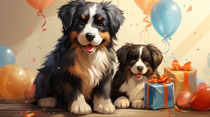 Two Cute Happy Puppy Dogs Birthday, Comic background, Background Banner