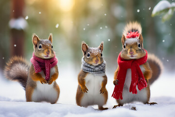 Cute squirrels in the snow in a winter morning