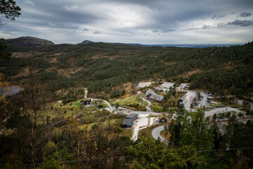 Fototapeta na wymiar view from above on Preikestolen hiking camp - start of the trail