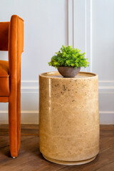 Still life of a potted plant sits on a marble biege round table next to a chair in a living room. The table is made of marble, and it has a round top and a pedestal base