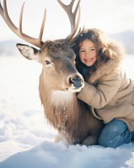 capture the captivating friendship between the most beautiful young girl and a giant deer in a frozen winter landscape in sun light. The little girl is using a warm coat and smiling.