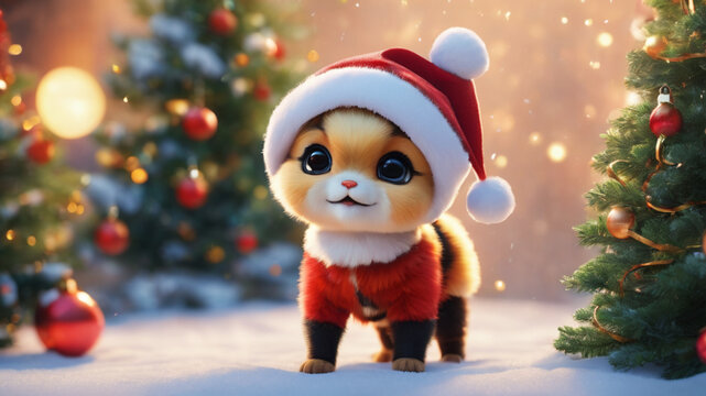 4d photographic image of full body image of a super cute little chibi bee wearing a red Santa hat, realistic, buzzing around a snowy-covered Christmas tree with presents underneath, vivid colors octan